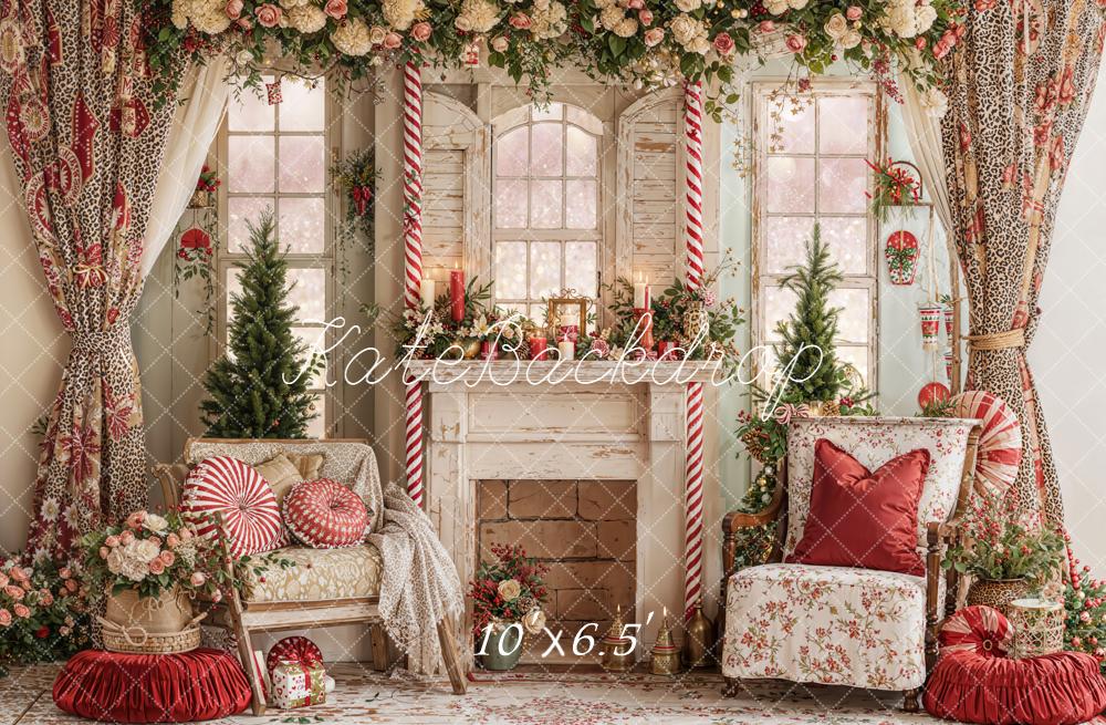 Kate Christmas Fireplace Floral Candy Cane Fleece Backdrop Designed by Emetselch -UK