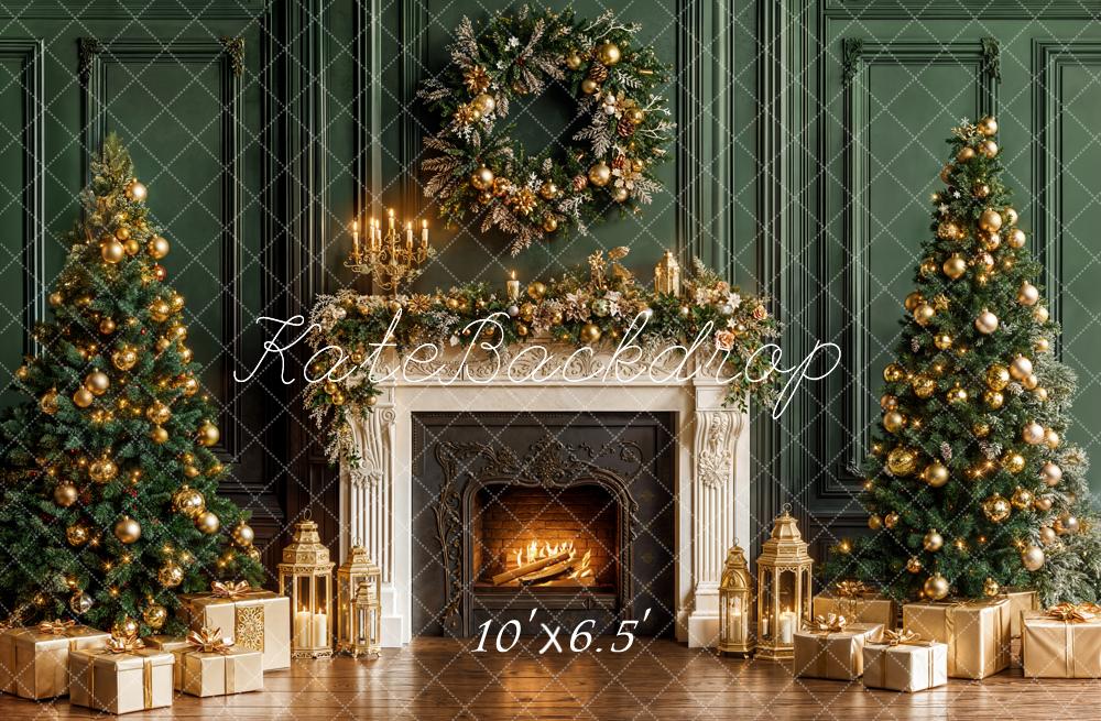 Kate Christmas Fireplace Wreath Trees Fleece Backdrop Designed by Emetselch