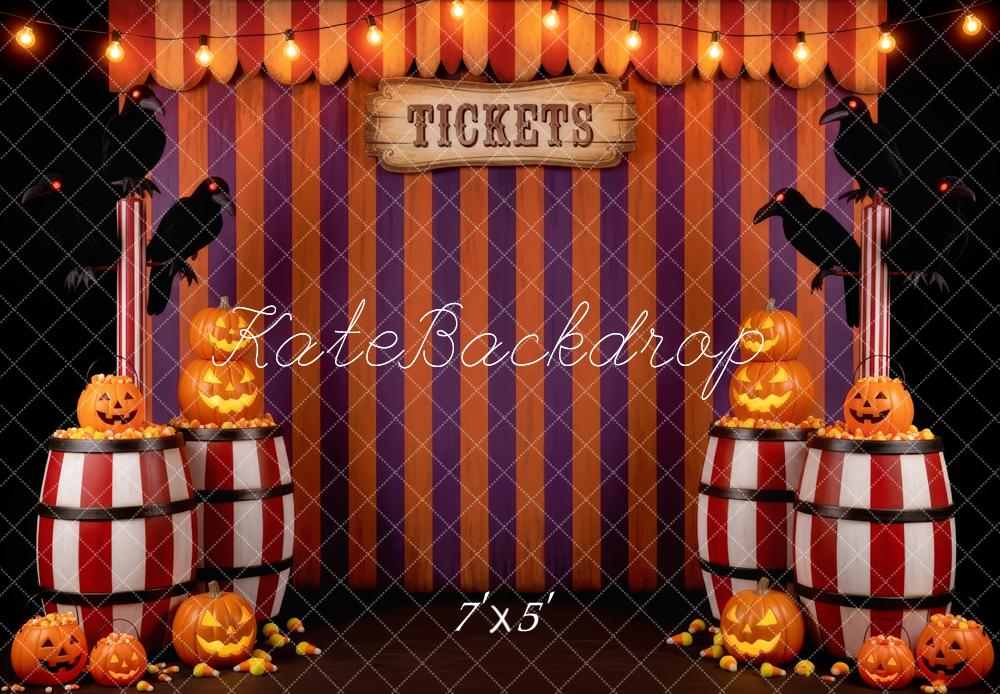 Kate Halloween Circus Striped Barrels Pumpkins Backdrop Designed by Patty Robert