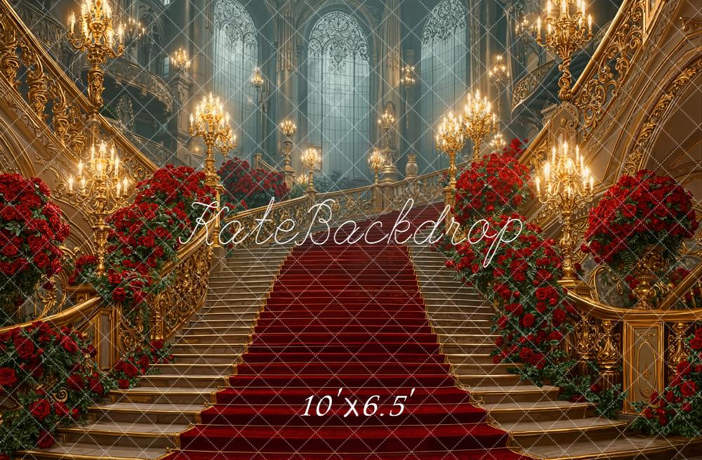 Kate Cascading Stairs Red Roses Grand Chandelier Fleece Backdrop Designed by Emetselch -UK