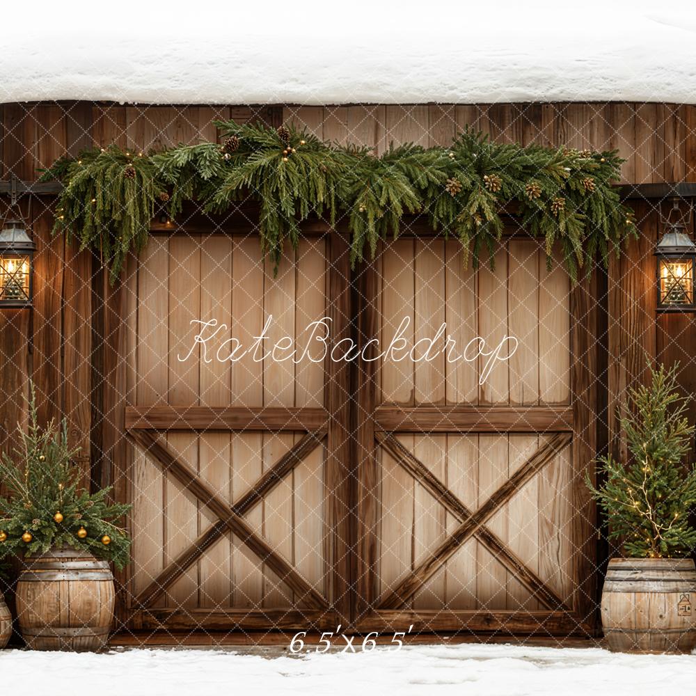 Kate Christmas Barn Pine Garland Lanterns Backdrop Designed by Emetselch -UK