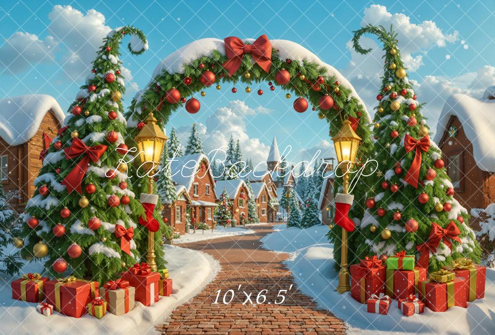 Kate Christmas Tree Arch Village Fleece Backdrop Designed by Emetselch -UK
