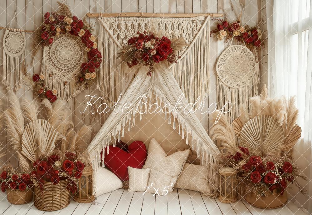 Kate Boho Macrame Pampas Grass Red Floral Backdrop Designed by Emetselch -UK