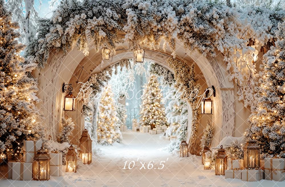 Kate Winter Arch Snow Covered Christmas Trees Lanterns Backdrop Designed by Emetselch -UK