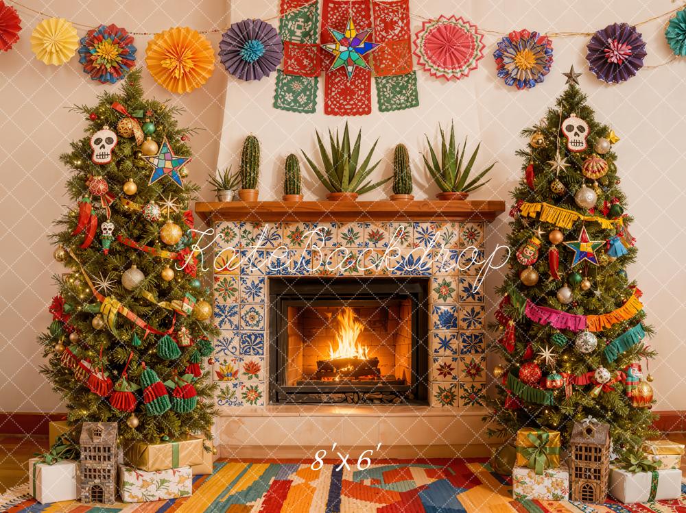 Kate Christmas Colourful Fireplace Trees Fleece Backdrop Designed by Emetselch -UK