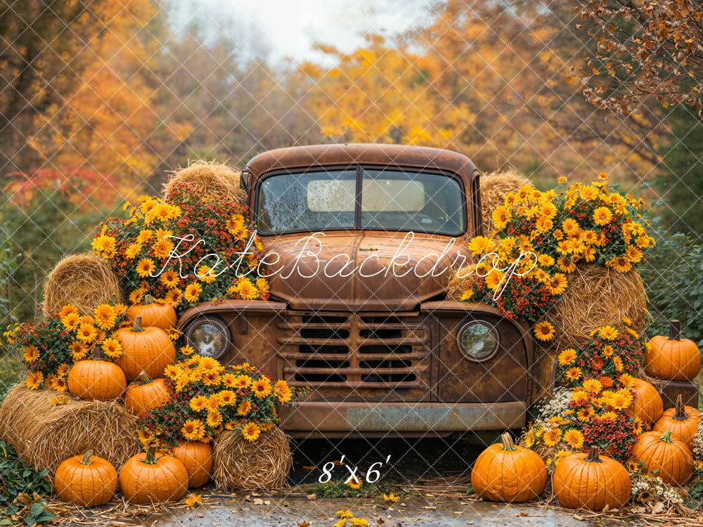 Kate Autumn Truck Pumpkins Hay Bales Fleece Backdrop Designed by Emetselch -UK