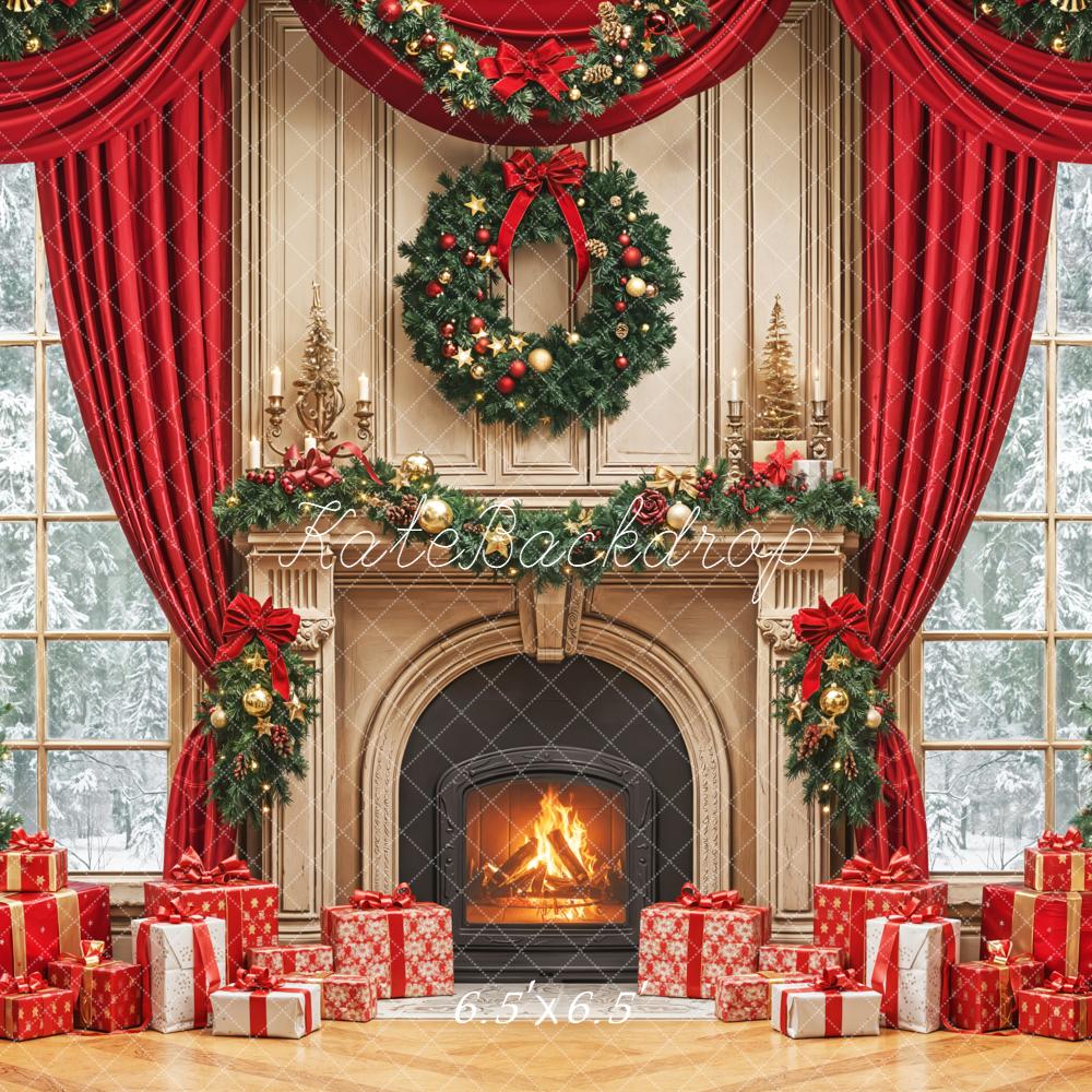 Kate Christmas Fireplace Tree Wreath Red Curtains Backdrop Designed by Emetselch