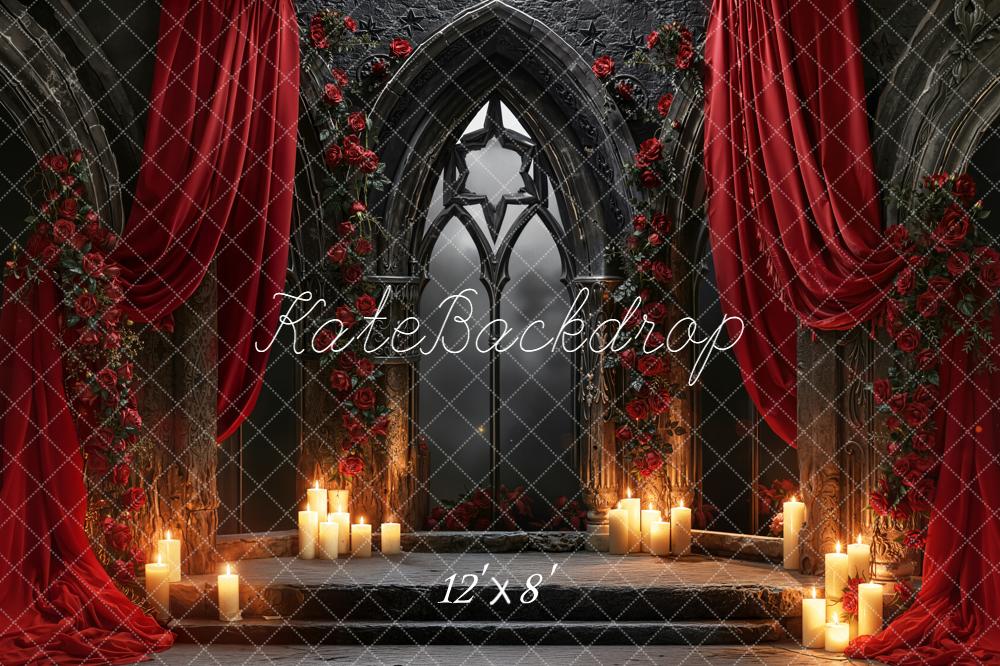 Kate Gothic Arch Red Roses Curtain Candles Backdrop Designed by Emetselch -UK