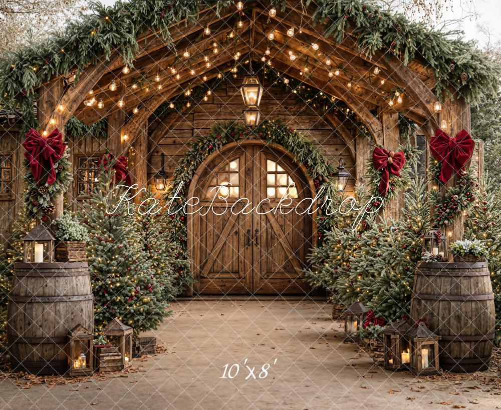 Kate Christmas Wooden Arch Barn Trees Fleece Backdrop Designed by Emetselch -UK