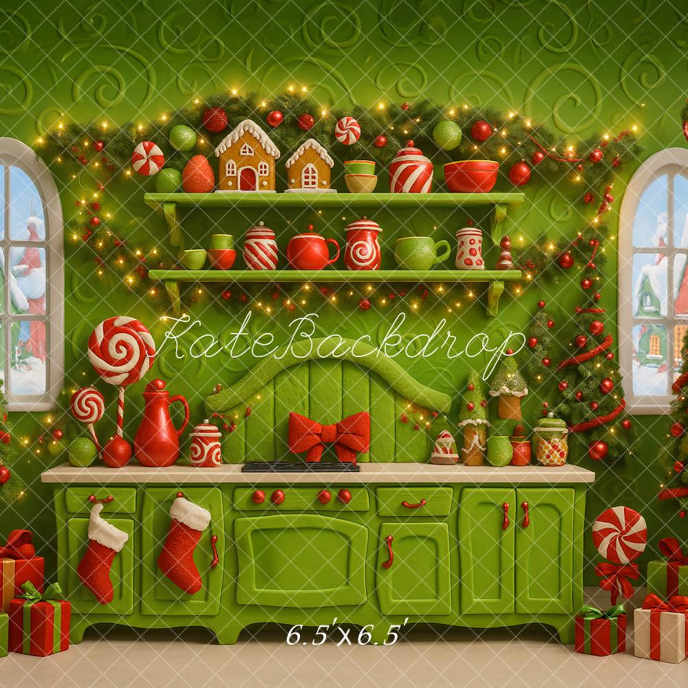 Kate Christmas Green Kitchen Gingerbread Trees Backdrop Designed by Ashley Paul