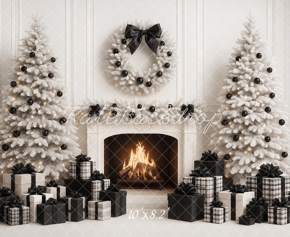 Kate Christmas White Trees Fireplace Black Presents Backdrop Designed by Ashley Paul