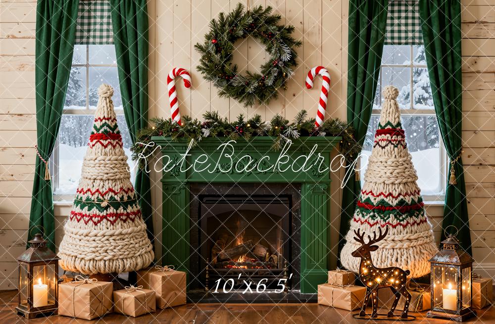 Kate Christmas Fireplace Yarn Trees Presents Backdrop Designed by Emetselch -UK