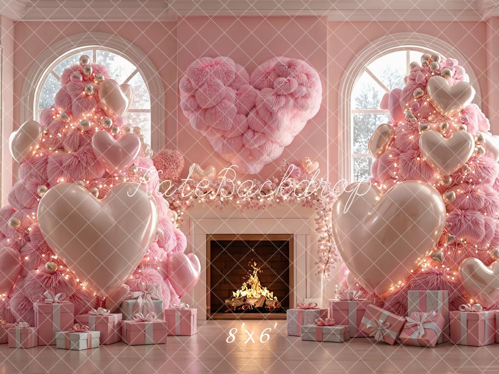 Kate Christmas Pink Trees Heart Presents Fleece Backdrop Designed by Emetselch -UK