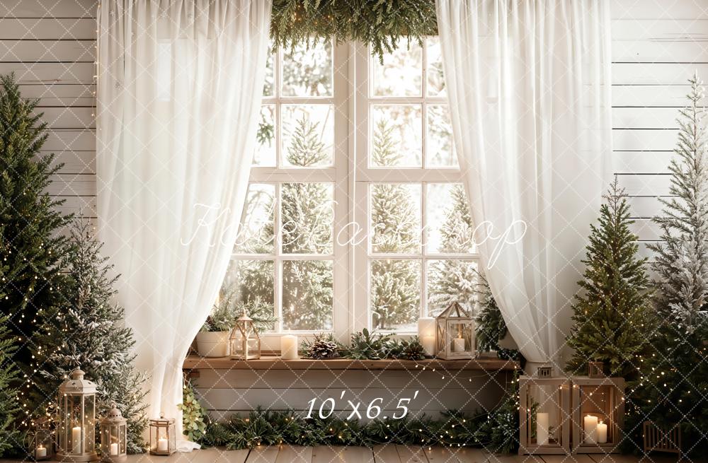 Kate Christmas Window Pine Trees Candles Fleece Backdrop Designed by Emetselch
