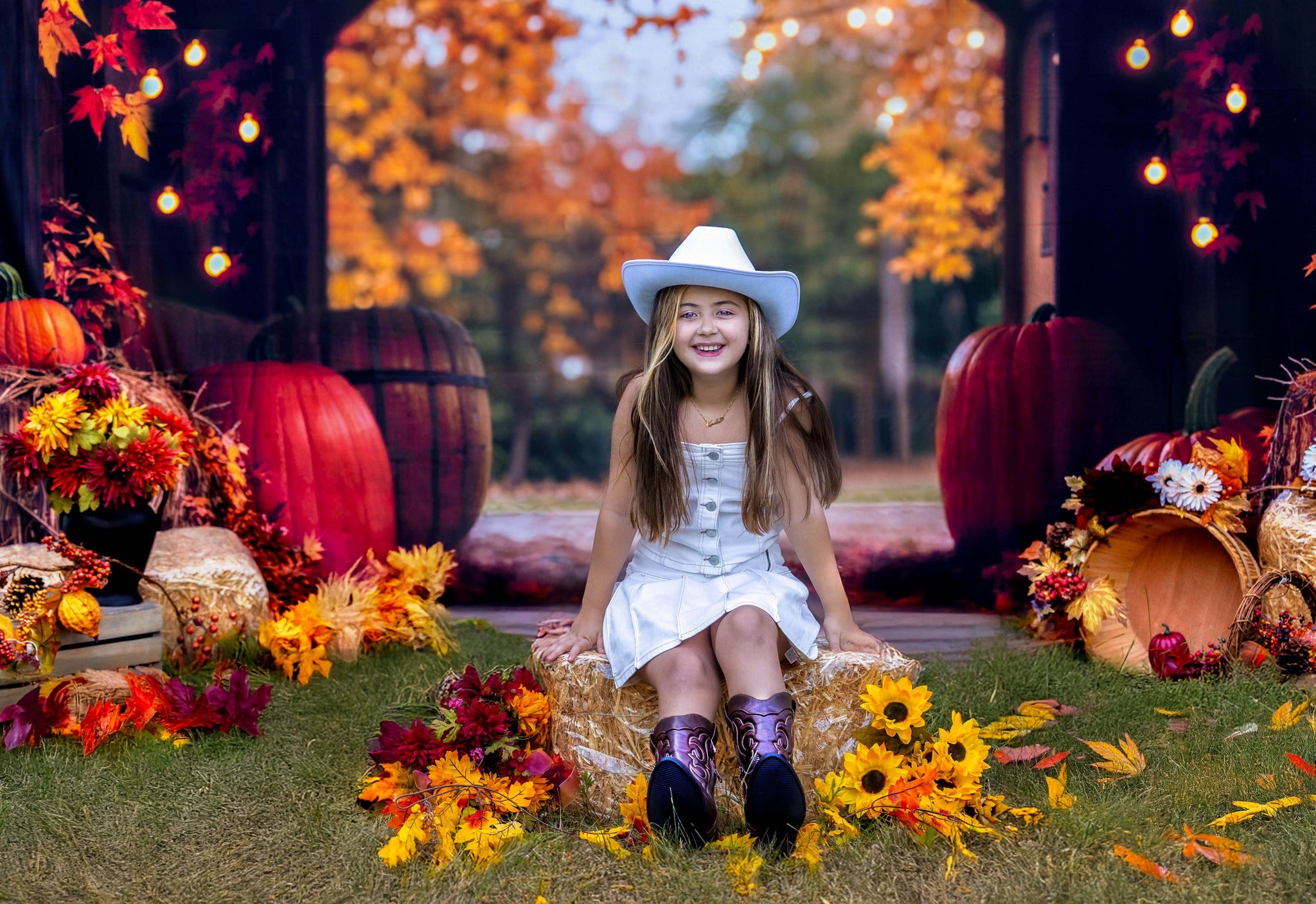On Sale Kate Autumn Leaves Pumpkin Barn Lights Backdrop Designed by Emetselch -UK