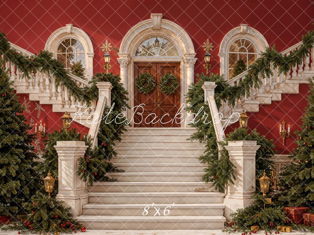 Kate Christmas Cascading Stairs Garland Red Fleece Backdrop Designed by Emetselch -UK