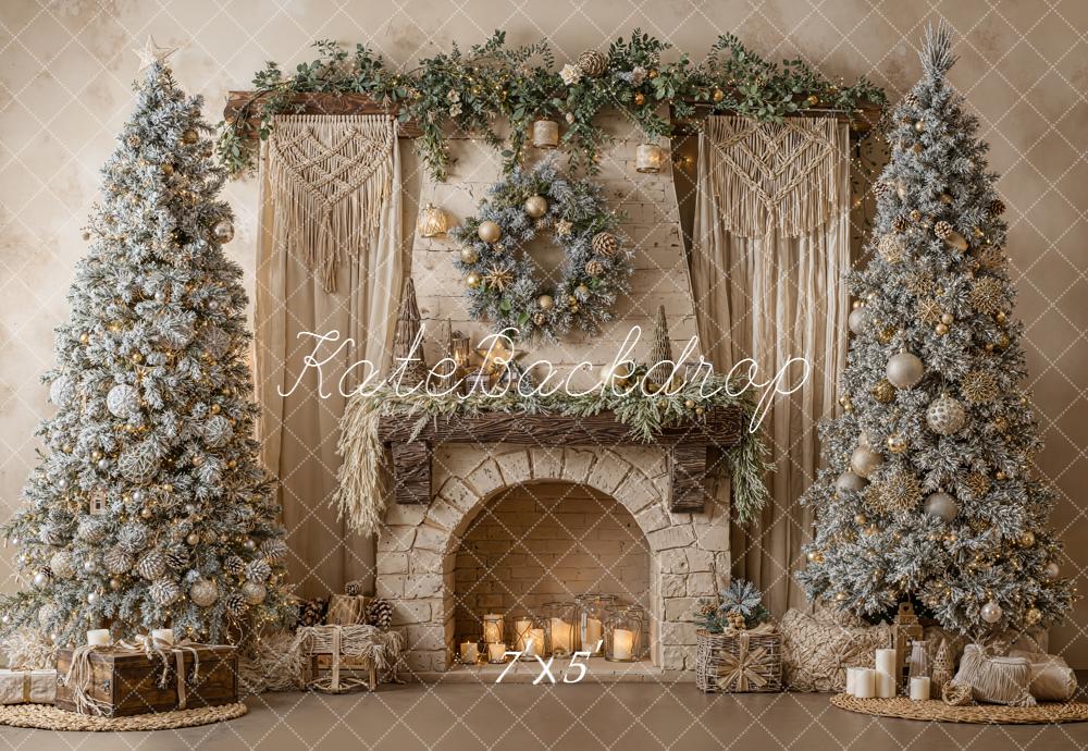 Kate Christmas Fireplace Frosted Trees Macrame Backdrop Designed by Emetselch