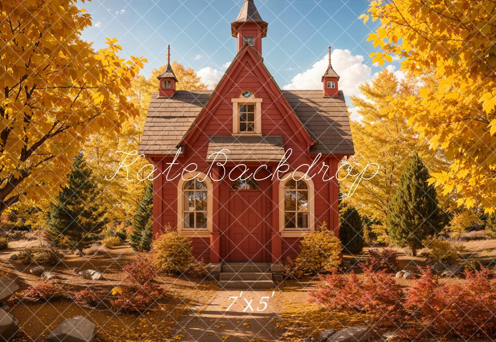 Kate Back to School Autumn Forest Red House Backdrop Designed by Emetselch -UK