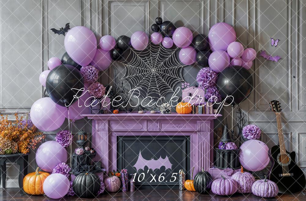 Kate Halloween Purple Fireplace Balloons Fleece Backdrop Designed by Emetselch -UK