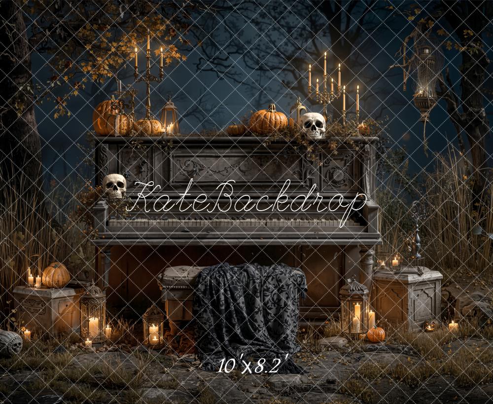 Kate Halloween Piano Pumpkins Candles Forest Fleece Backdrop Designed by Emetselch
