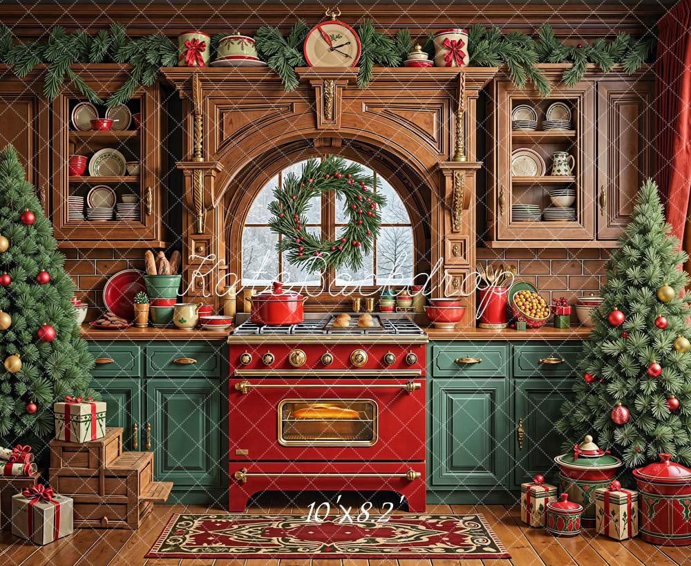 Kate Christmas Kitchen Wreath Decorated Trees Backdrop Designed by Emetselch