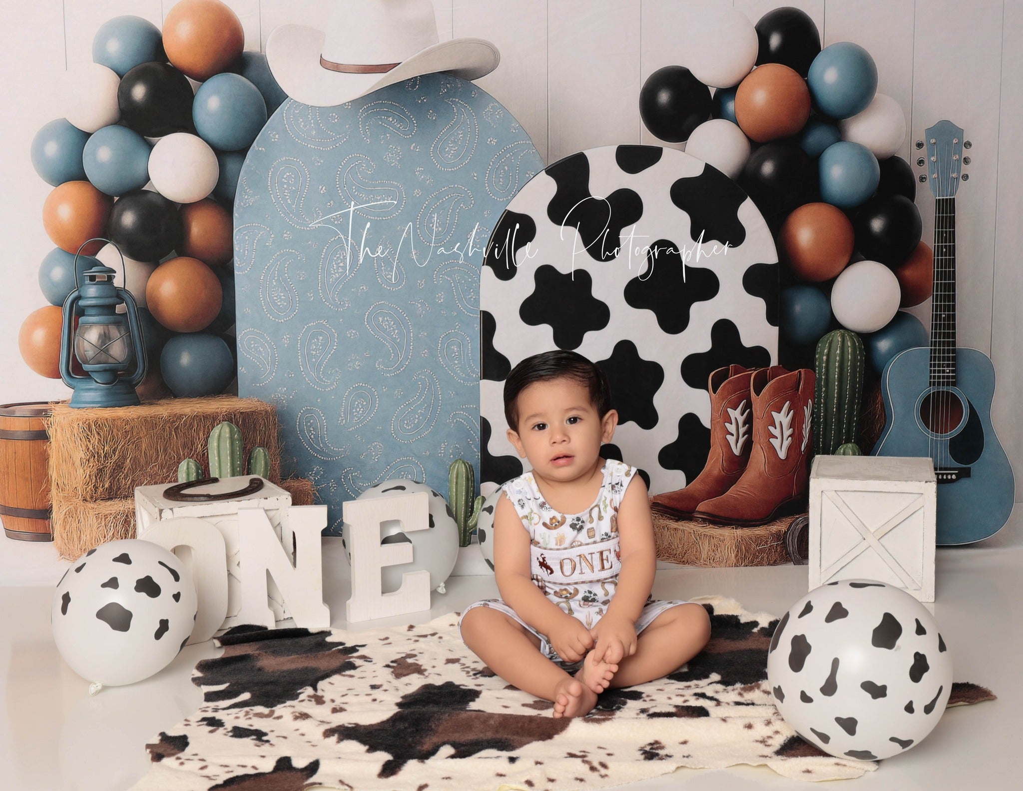 Kate Cake Smash Western Cowboy Boots Blue Backdrop Designed by Ashley Paul -UK
