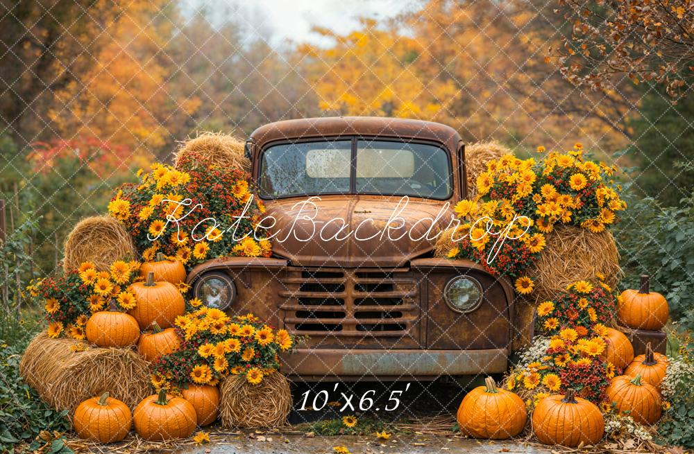 Kate Autumn Truck Pumpkins Hay Bales Fleece Backdrop Designed by Emetselch -UK