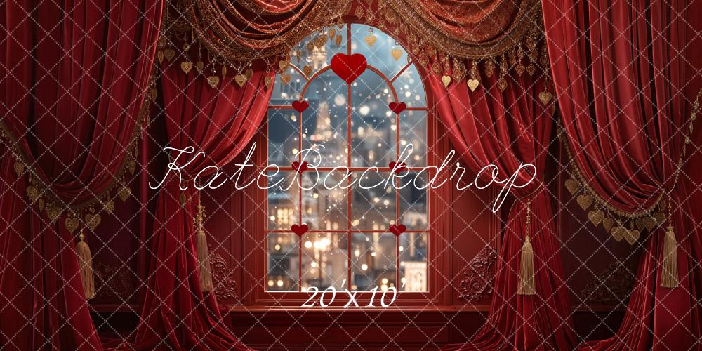 Kate Valentine Red Curtains Window City Lights Backdrop Designed by Emetselch