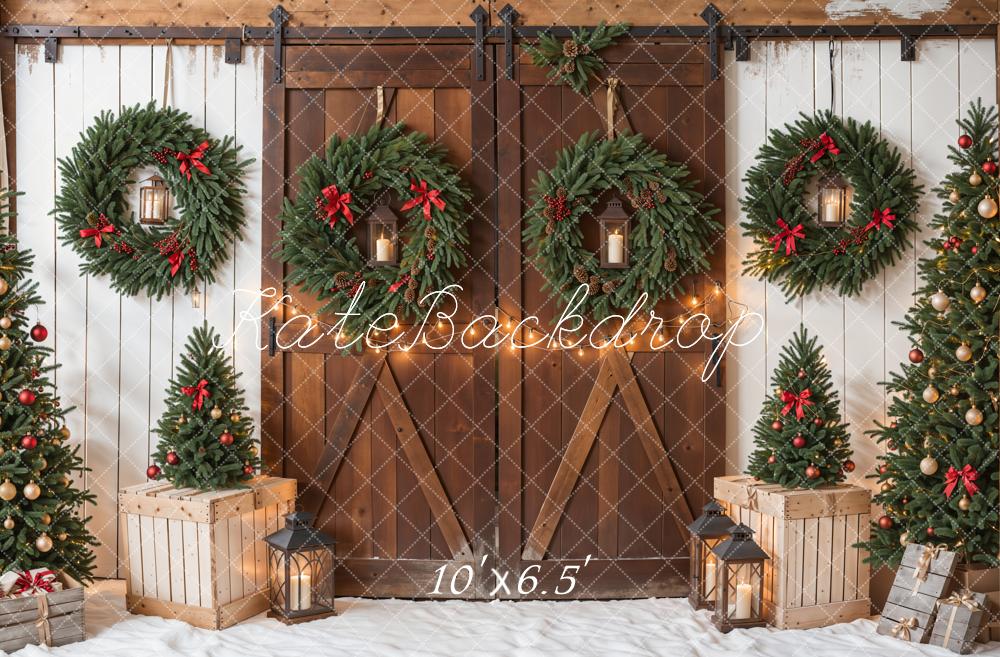 Kate Christmas Tree Brown Wooden Barn Door Backdrop Designed by Emetselch -UK