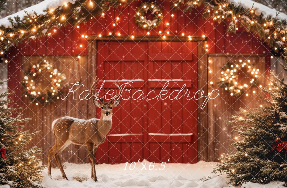 Kate Christmas Barn Deer Fairy Lights Fleece Backdrop Designed by Emetselch -UK
