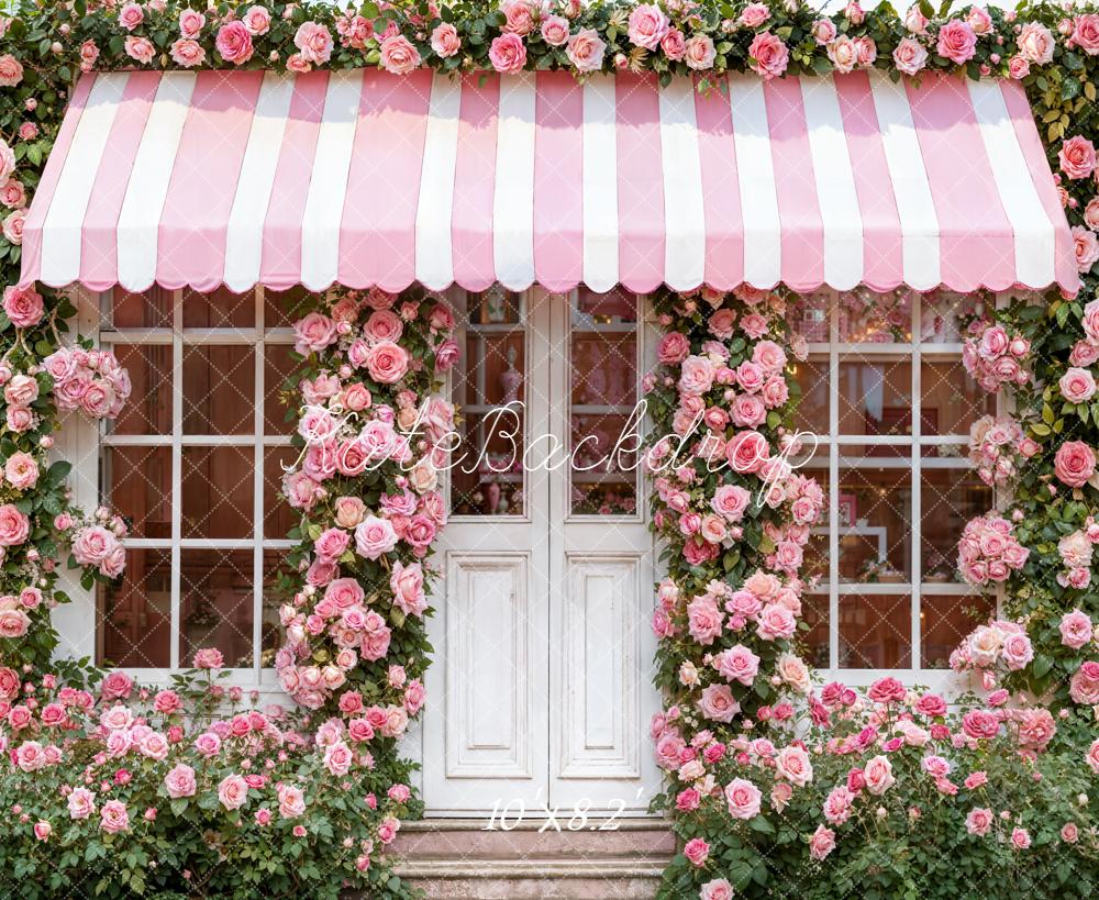 Kate Floral Pink Striped Awning Roses Fleece Backdrop Designed by Emetselch