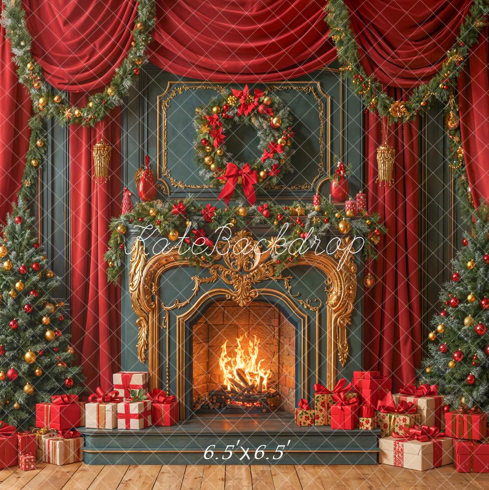 Kate Red Christmas Fireplace Trees Presents Backdrop Designed by Emetselch
