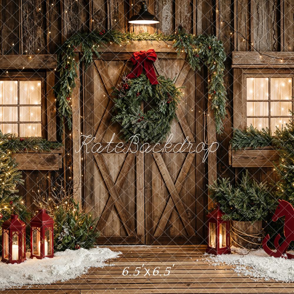 Kate Christmas Wooden Door Garland Lanterns Backdrop Designed by Emetselch
