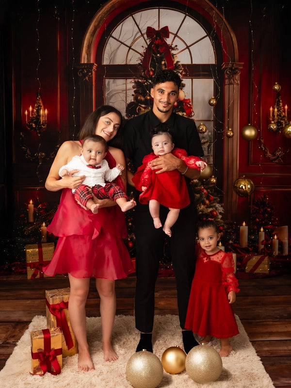 Kate Christmas Tree Arched Window Red Wall Backdrop Designed by Emetselch