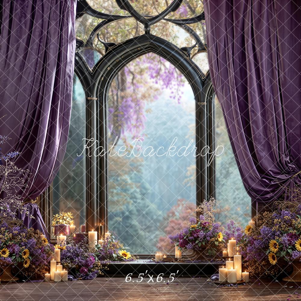 Kate Gothic Window Purple Drapes Floral Backdrop Designed by Emetselch -UK