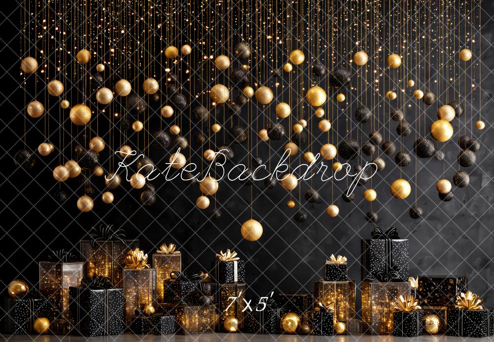 Kate Christmas Gold Black Baubles Presents Backdrop Designed by Patty Robert