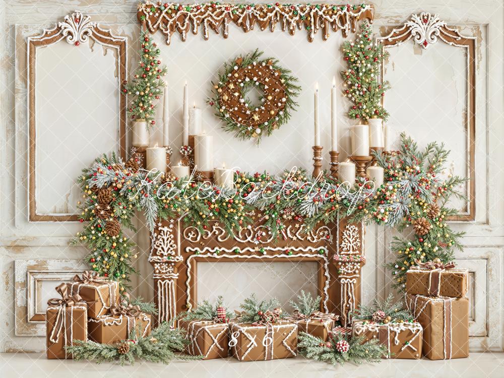Kate Christmas Gingerbread Fireplace Garland Fleece Backdrop Designed by Emetselch