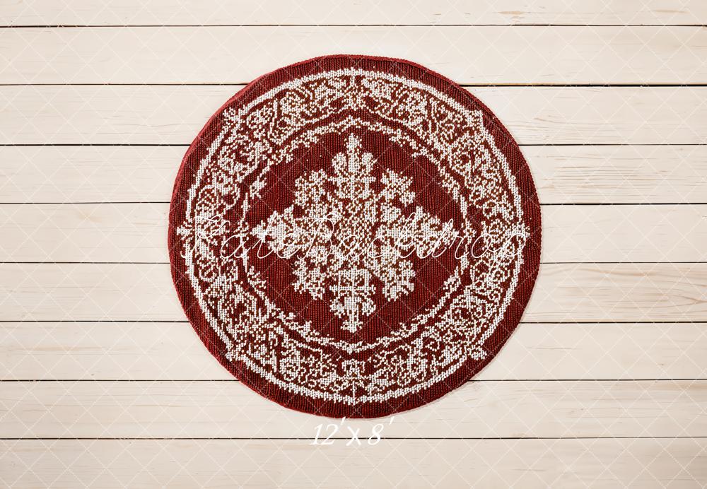 Kate Round Red Rug White Wood Planks Fleece Backdrop Designed by Emetselch -UK