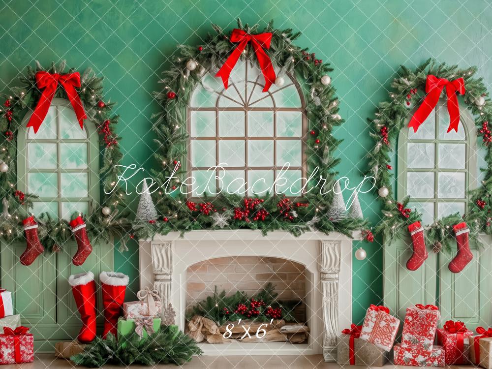 Kate Christmas Fireplace Wreaths Stockings Green Backdrop Designed by Patty Robert