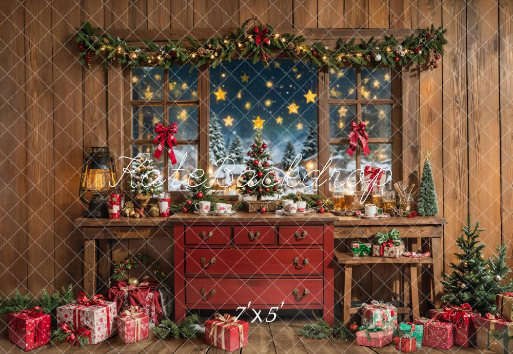 Kate Christmas Wooden Room Red Cabinet Backdrop Designed by Chain Photography