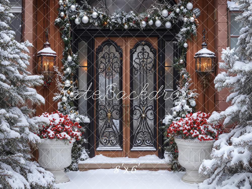 Kate Christmas Snowy Door Garland Lanterns Fleece Backdrop Designed by Emetselch -UK