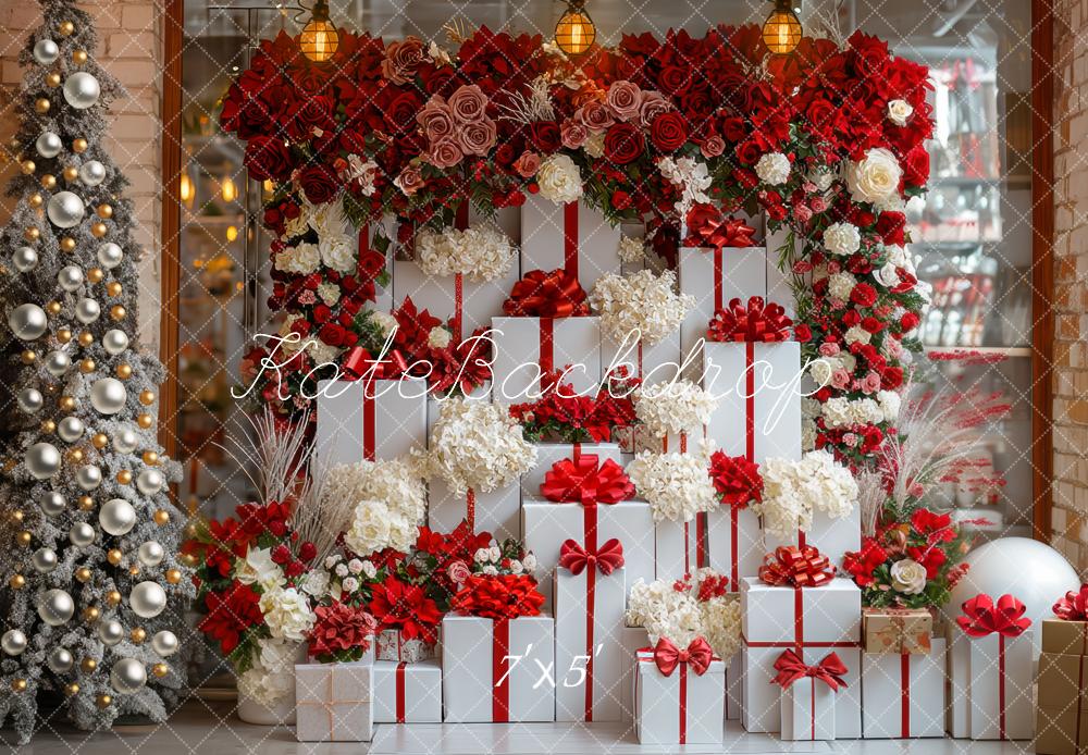 Kate Christmas Gift Boxes Red White Flowers Backdrop Designed by Mini MakeBelieve -UK