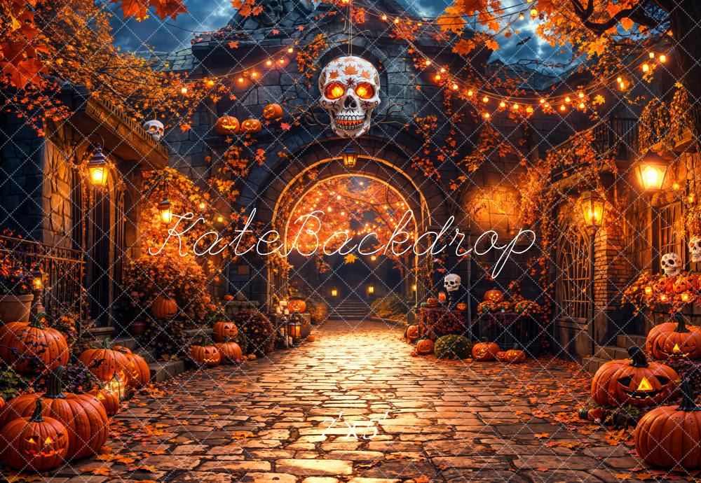 Kate Halloween Pumpkins Skull Cobblestone Path Backdrop Designed by Emetselch -UK