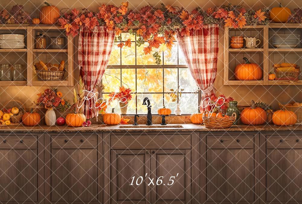Kate Autumn Kitchen Window Pumpkins Fleece Backdrop Designed by Emetselch -UK