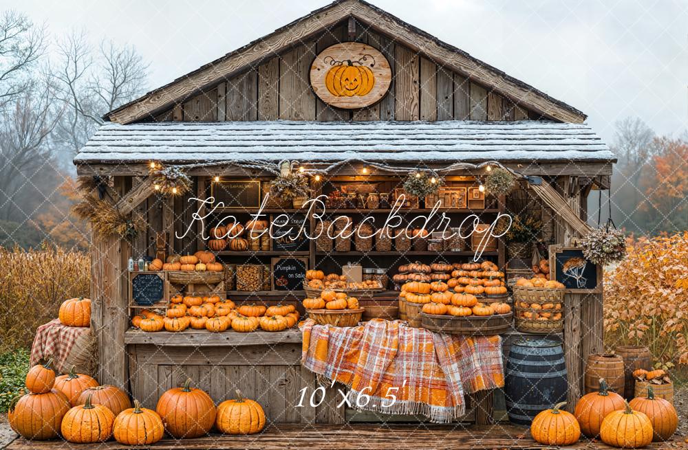 Kate Autumn Pumpkin Stand Rustic Wood Fleece Backdrop Designed by Emetselch