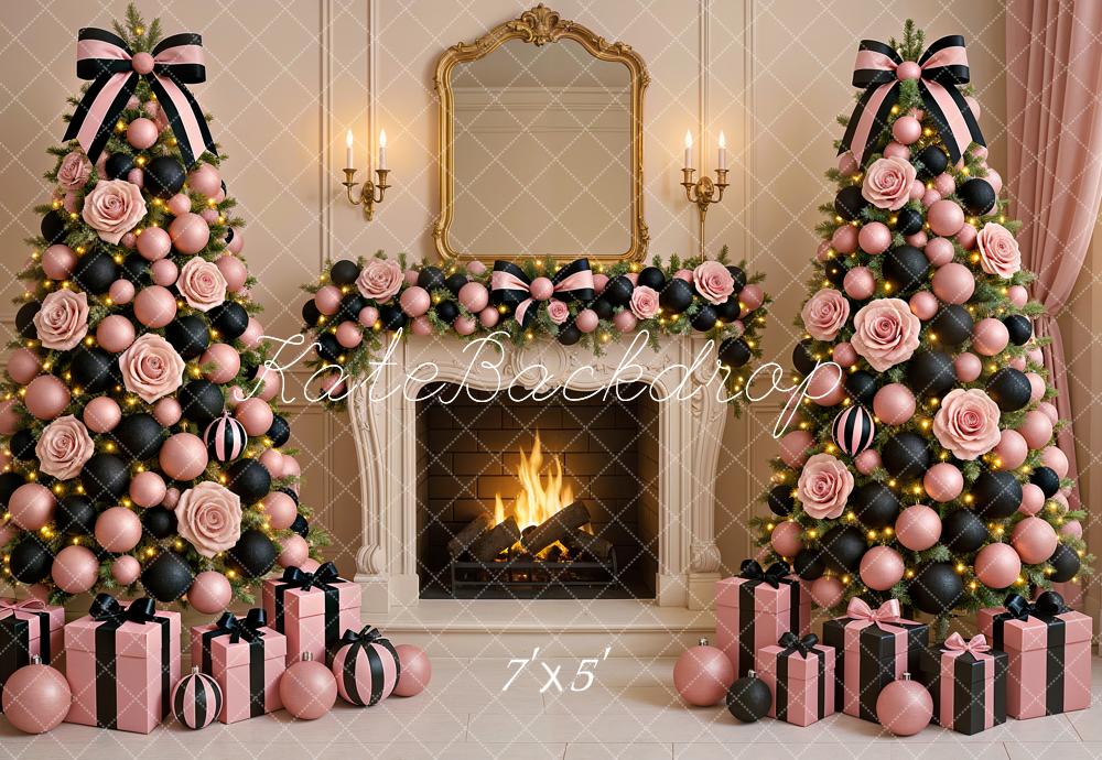 Kate Christmas Pink Black Trees Fireplace Backdrop Designed by Ashley Paul