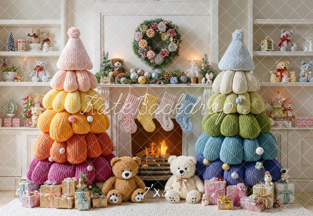 Kate Christmas Knitted Trees Presents Fireplace Backdrop Designed by Emetselch