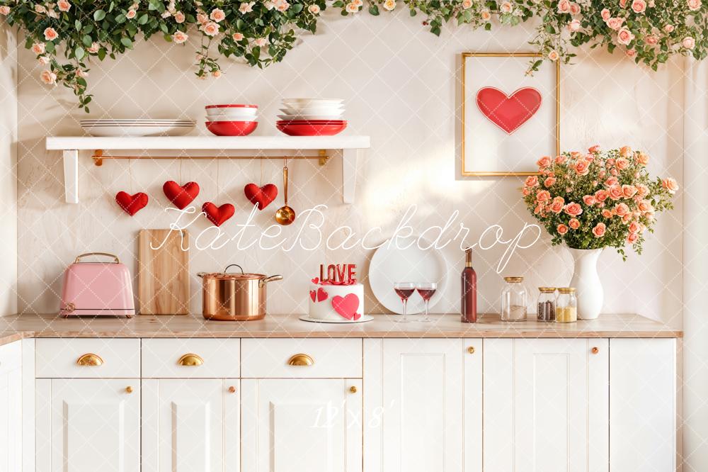 Kate Valentine White Kitchen Hearts Roses Backdrop Designed by Emetselch