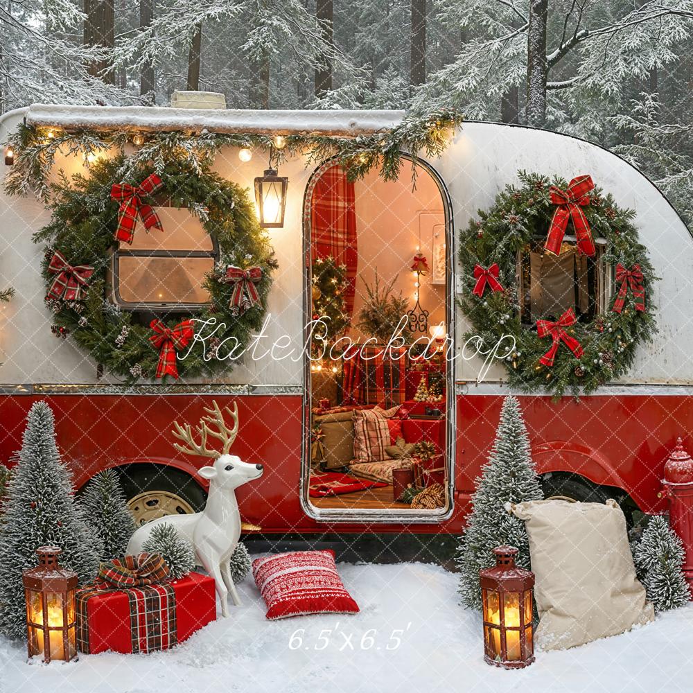 Kate Christmas Caravan Reindeer Presents Snow Backdrop Designed by Emetselch