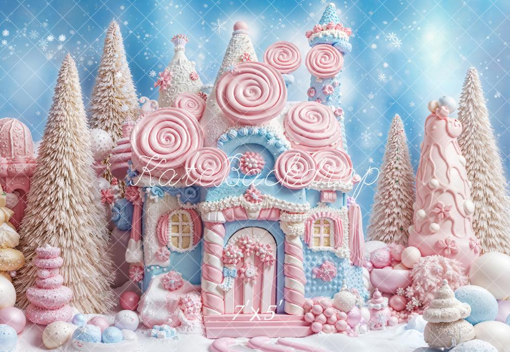 Kate Christmas Candy House Trees Snowflakes Backdrop Designed by Emetselch